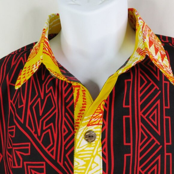 Samoan Aloha Shirt Mens M Red Yellow American Samoa Hand Printed Tribal Tapa - Picture 4 of 12